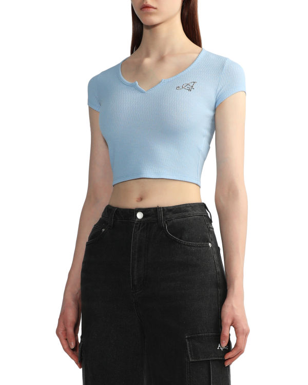 Chemisier Bape V-neck crop Bleu Clair Femme | XFT-49371232