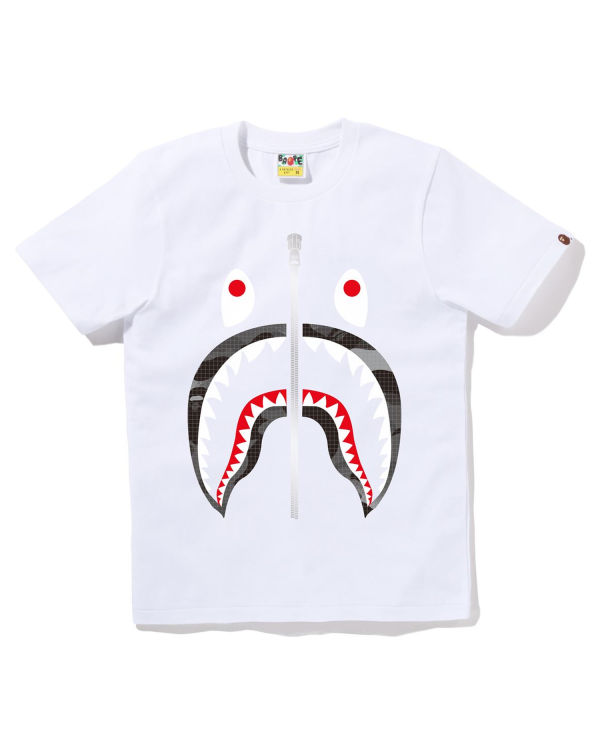 T Shirts Bape Grid Camo Shark Blanche Femme | YDC-53263173