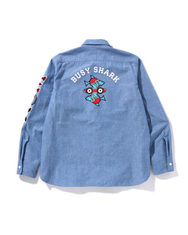 Chemises Bape Busy Shark Chambray Relaxed Fit Bleu Homme | WOH-38486935